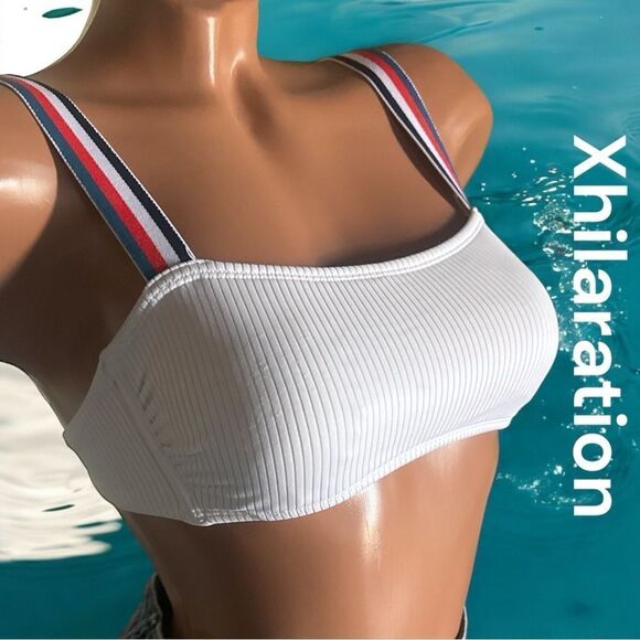 Xhilaration Swimwear l White Ribbed Bathing Suit Top l Suspender Design l Sl EUC - Picture 1 of 10